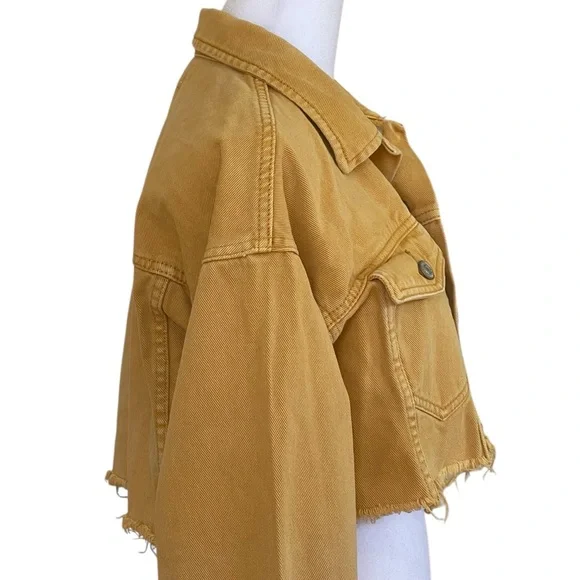 PacSun Mustard Yellow Cropped Jean Jacket Women’s Sz XS Raw Frayed Hem Denim - Picture 8 of 14